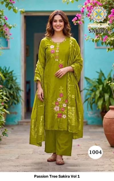 Passion Tree Sakira Vol 1 olive green salwar suit featuring floral thread work embroidery and a dupatta with a zari-work border.