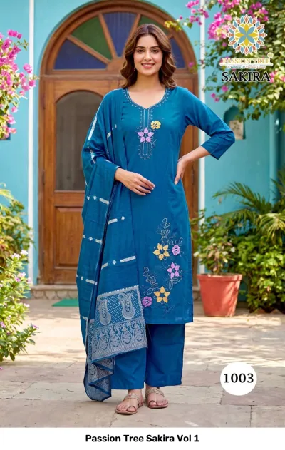 Passion Tree Sakira Vol 1 blue salwar suit featuring floral thread work embroidery on the kurti and a dupatta with a zari border.
