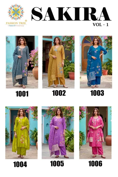 Passion Tree Sakira Vol 1 catalog collage displaying all available salwar suit designs from the collection.