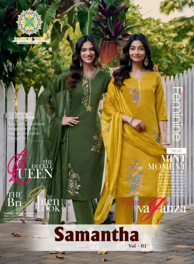 Passion Tree Samantha Vol 1 catalog cover showing various women wearing colorful salwar suits with floral embroidery and matching dupattas.