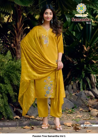 Passion Tree Samantha Vol 1 mustard yellow salwar suit with floral thread work on the kurti and a striped dupatta.