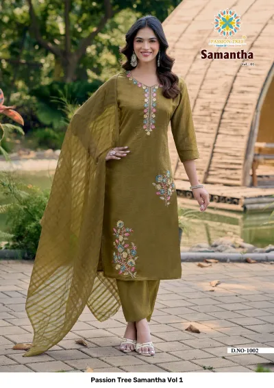 Passion Tree Samantha Vol 1 olive green salwar suit with floral embroidery on the kurti and a matching striped dupatta.