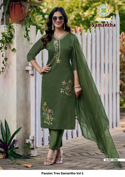Passion Tree Samantha Vol 1 dark green salwar suit featuring floral thread work on the front and a coordinated striped dupatta.