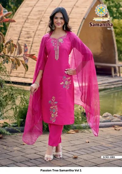 Passion Tree Samantha Vol 1 magenta salwar suit with delicate floral thread work on the kurti and a matching dupatta.