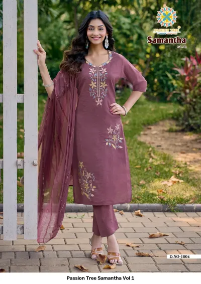 Passion Tree Samantha Vol 1 maroon salwar suit with floral thread work embellishments and a matching striped dupatta.