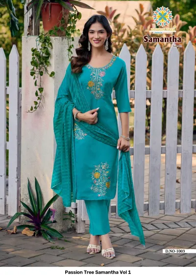 Passion Tree Samantha Vol 1 turquoise blue salwar suit with floral thread work and a matching striped dupatta.