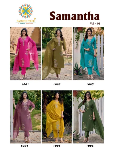 Passion Tree Samantha Vol 1 catalog collage displaying all six color variations of the embroidered salwar suit collection.