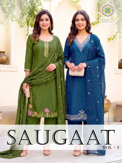 Passion Tree Saugaat Vol 1: two models wearing olive and dark blue straight cut salwar suits with thread work and matching dupattas.