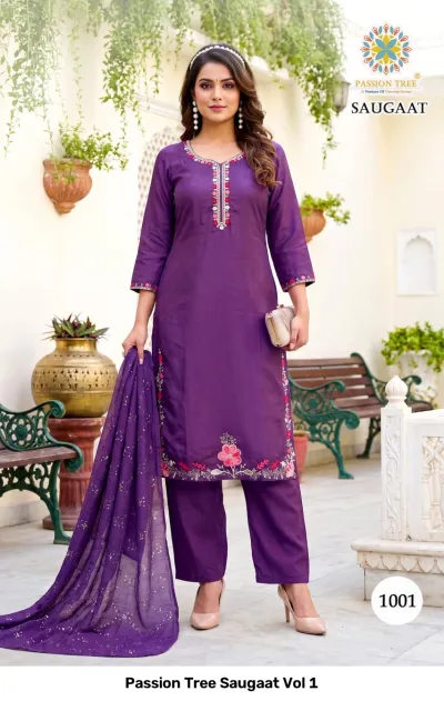Passion Tree Saugaat Vol 1: purple straight cut salwar suit with floral thread work and matching dupatta.