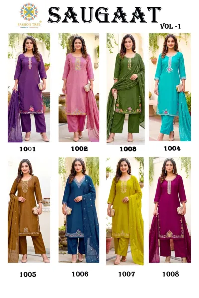 Passion Tree Saugaat Vol 1: catalog collage page showing eight different colored straight cut salwar suit designs.