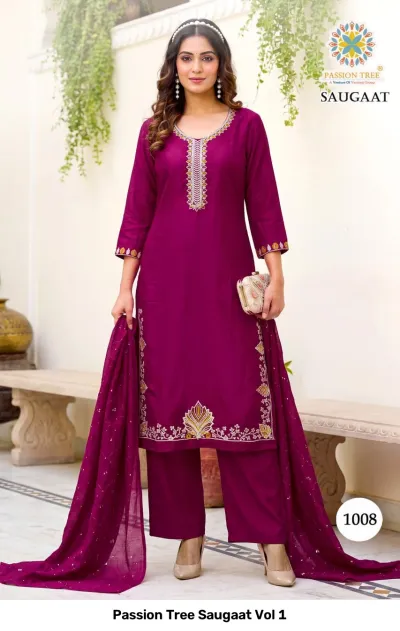 Passion Tree Saugaat Vol 1: purple straight cut salwar suit with thread work embroidery and matching dupatta.