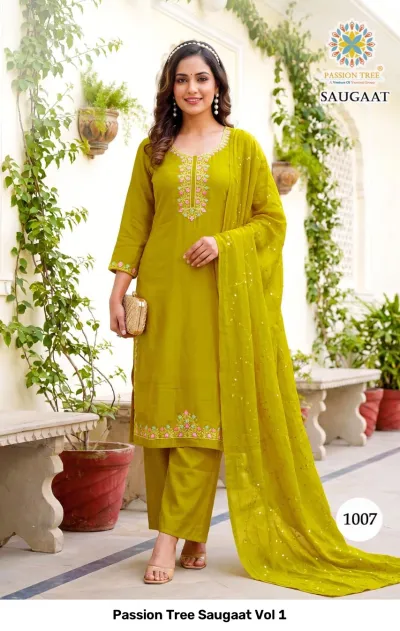 Passion Tree Saugaat Vol 1: olive green straight cut salwar suit with floral thread work and matching dupatta.