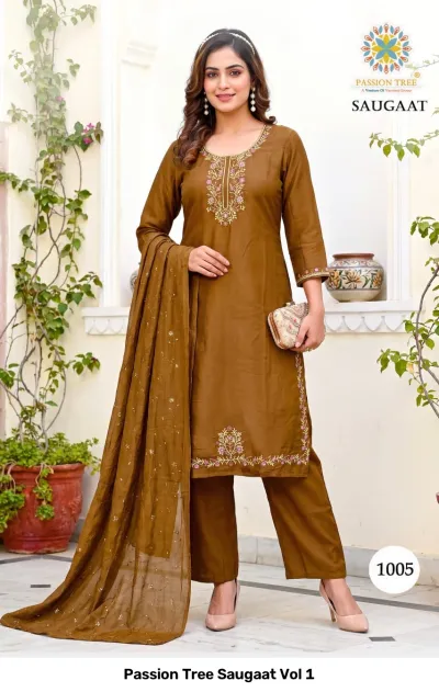 Passion Tree Saugaat Vol 1: brown straight cut salwar suit featuring minimal thread work and matching dupatta.