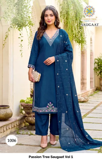 Passion Tree Saugaat Vol 1: dark blue straight cut salwar suit with geometric neck thread work and matching dupatta.