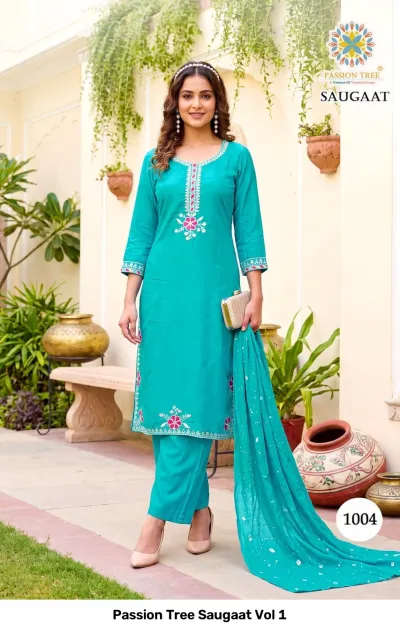 Passion Tree Saugaat Vol 1: turquoise straight cut salwar suit with floral thread work and matching dupatta.