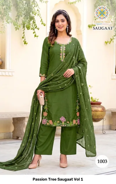 Passion Tree Saugaat Vol 1: olive green straight cut salwar suit with floral thread work details and dupatta.