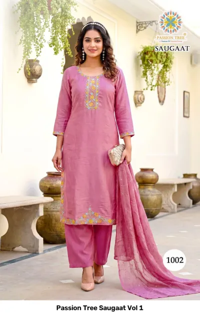 Passion Tree Saugaat Vol 1: pink straight cut salwar suit with floral thread work and matching dupatta.