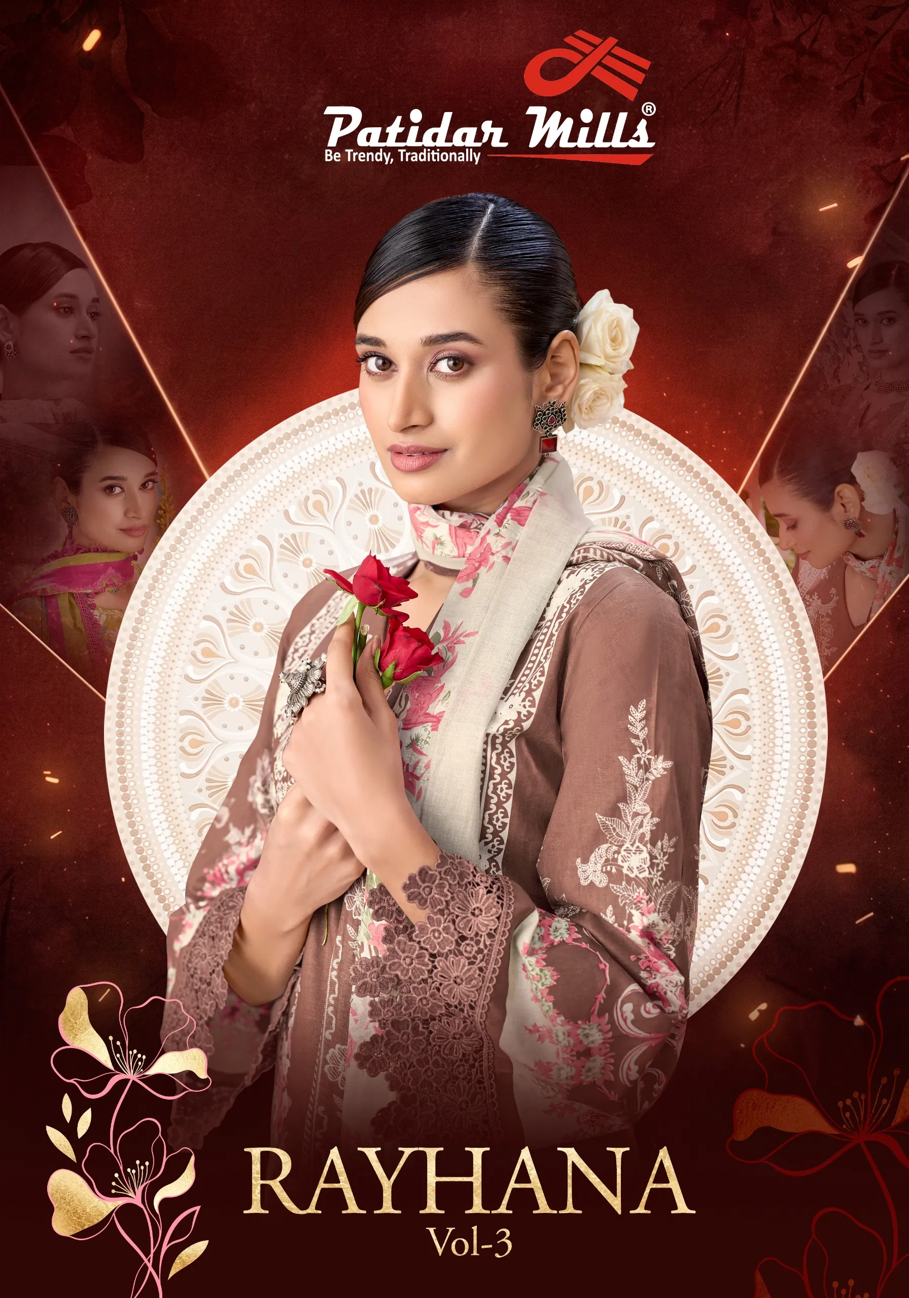 Patidar Rayhana Vol 3, catalog cover page featuring a model in a brown floral printed salwar suit with lace trim.