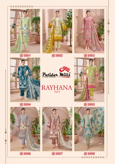 Patidar Rayhana Vol 3, catalog collage showing all eight salwar suit designs in the collection.