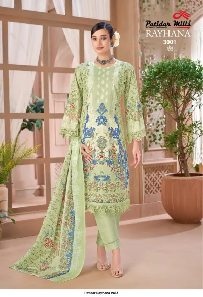 Patidar Rayhana Vol 3, light green kurti and salwar suit with blue floral print, embroidery, and lace hem detail.