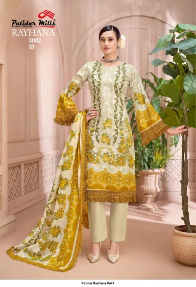 Patidar Rayhana Vol 3, cream and yellow kurti and salwar suit with floral print, bell sleeves, and fringe trim.