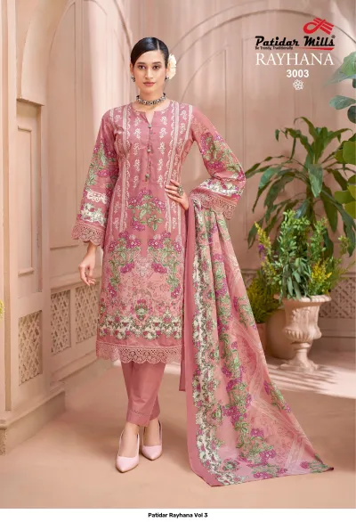 Patidar Rayhana Vol 3, mauve kurti and salwar suit with floral print, lace trim, and matching printed dupatta.