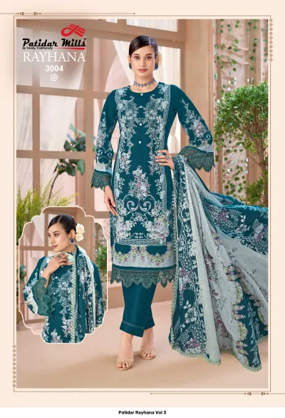 Patidar Rayhana Vol 3, dark teal kurti and salwar suit with intricate blue embroidery, lace hem, and printed dupatta.