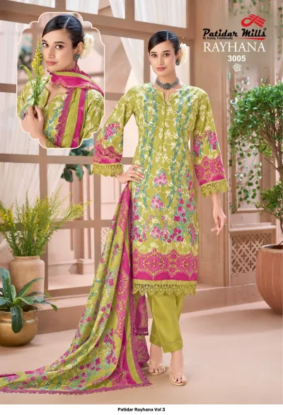 Patidar Rayhana Vol 3, lime green kurti and salwar suit with pink floral patterns, embroidery, and lace hem detail.