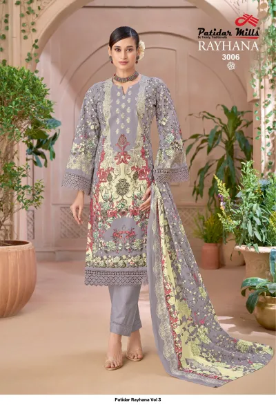 Patidar Rayhana Vol 3, greyish-purple kurti and salwar suit with multi-colored floral print, embroidery, and lace trim.
