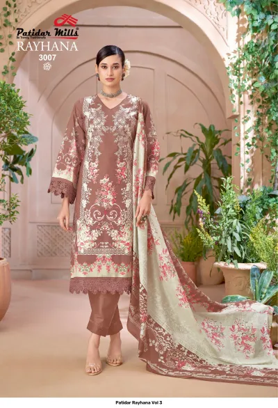 Patidar Rayhana Vol 3, brown kurti and salwar suit with floral print, embroidery, and lace trim details.