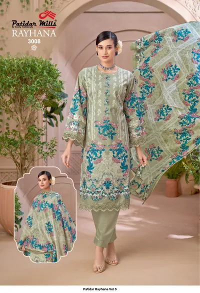 Patidar Rayhana Vol 3, sage green kurti and salwar suit with floral print, embroidery, and lace-trimmed hem.