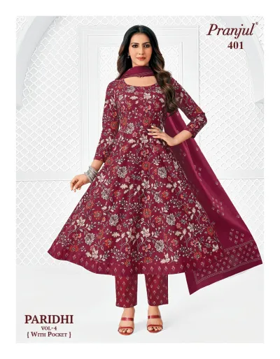Pranjul Paridhi Vol 4: Maroon A-line kurti, trousers, and dupatta with floral print and pockets.