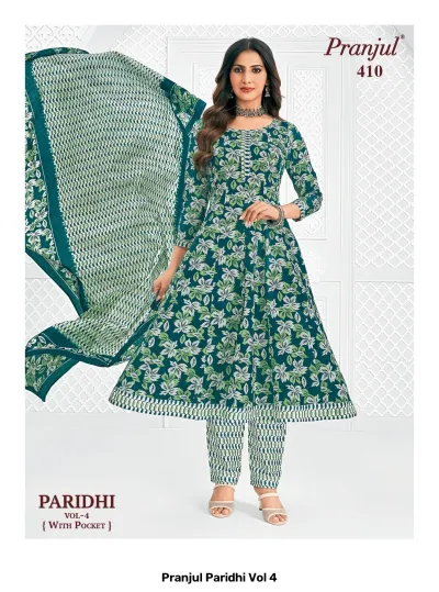 Pranjul Paridhi Vol 4: Teal green A-line kurti, patterned trousers, and dupatta with white leaf print.