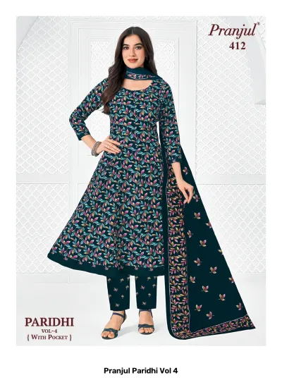 Pranjul Paridhi Vol 4: Dark teal A-line kurti, trousers, and dupatta with multi-colored leaf print.