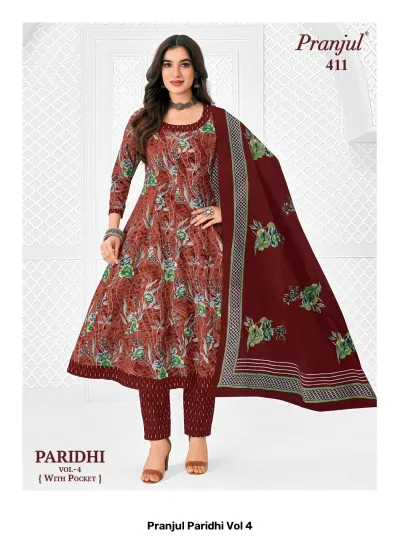 Pranjul Paridhi Vol 4: Brown A-line kurti, trousers, and dupatta with green floral print and striped border details.
