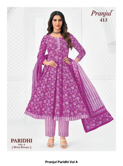 Pranjul Paridhi Vol 4: Purple A-line kurti, striped trousers, and dupatta with white floral print.