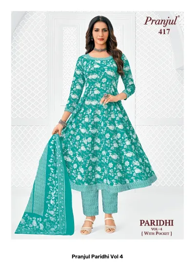 Pranjul Paridhi Vol 4: Teal green A-line kurti, striped trousers, and dupatta with all-over white floral print.