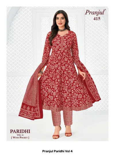 Pranjul Paridhi Vol 4: Red A-line kurti, trousers, and dupatta with white botanical pattern.