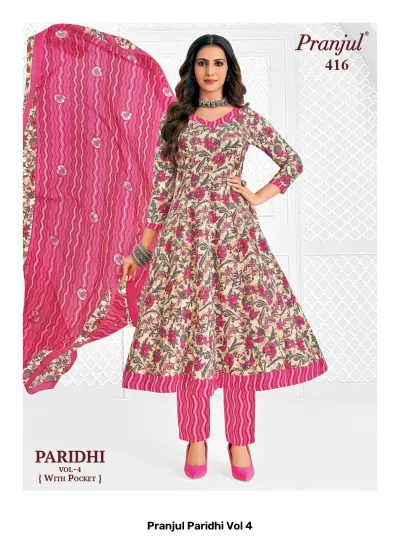 Pranjul Paridhi Vol 4: Beige A-line kurti, pink striped trousers, and dupatta with pink and brown floral print.