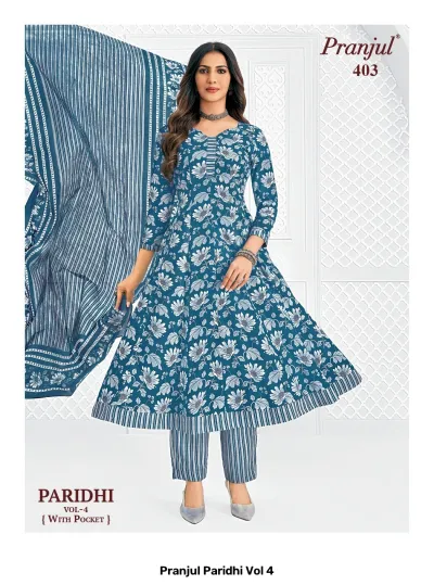 Pranjul Paridhi Vol 4: Blue A-line kurti, striped trousers, and striped dupatta with floral print.