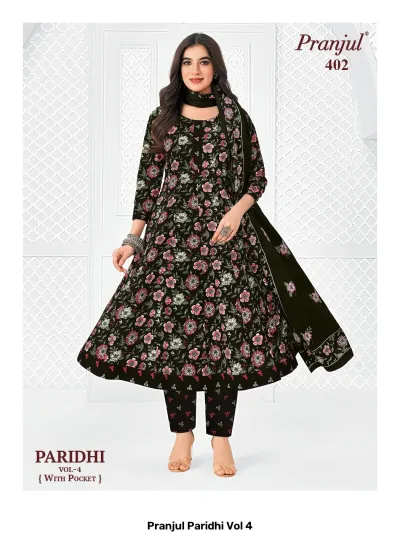 Pranjul Paridhi Vol 4: Black A-line kurti, trousers, and dupatta with multi-colored floral print and pockets.