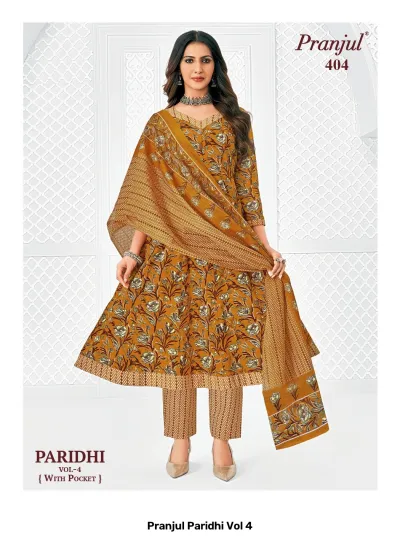 Pranjul Paridhi Vol 4: Mustard yellow A-line kurti, trousers, and dupatta with all-over floral print and pockets.