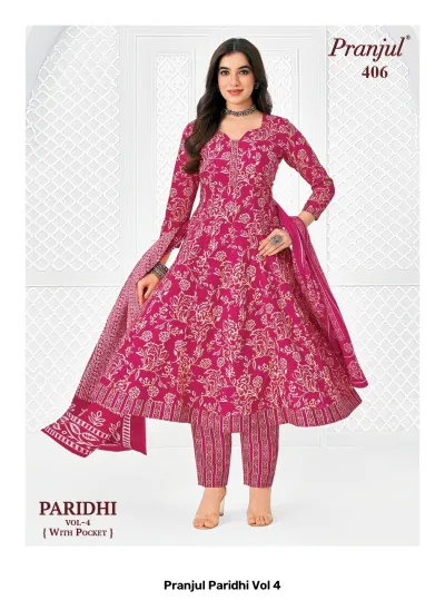 Pranjul Paridhi Vol 4: Fuchsia pink A-line kurti, striped trousers, and dupatta with white floral print.