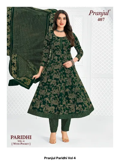 Pranjul Paridhi Vol 4: Dark green A-line kurti, trousers, and dupatta with gold-toned intricate paisley print.