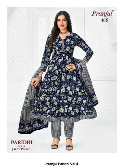 Pranjul Paridhi Vol 4: Navy blue A-line kurti, striped trousers, and dupatta with white floral print.