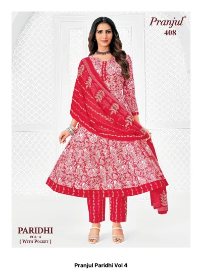 Pranjul Paridhi Vol 4: Red A-line kurti, trousers, and dupatta with white all-over botanical print.