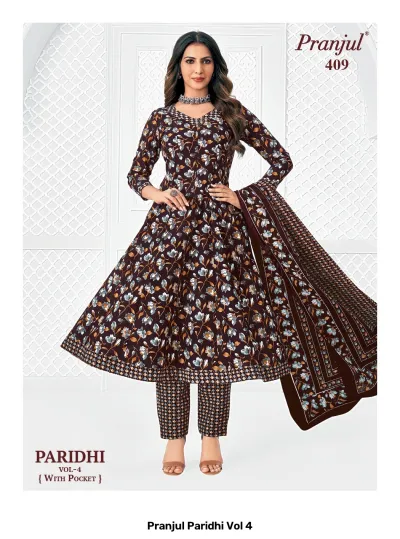 Pranjul Paridhi Vol 4: Dark brown A-line kurti, patterned trousers, and dupatta with cream and blue floral print.