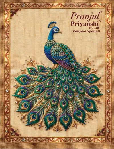 Pranjul Priyanshi Vol 40, catalog cover featuring an embroidered peacock graphic.