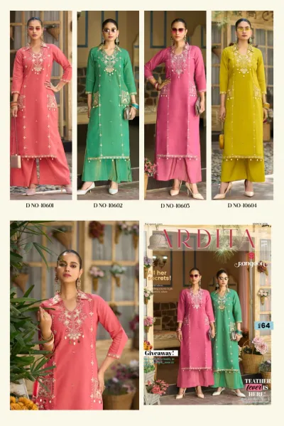 Rangoon Ardita: Catalog cover showing multiple models wearing solid colored straight-cut kurtis with palazzo pants, embroidery, and zari work.