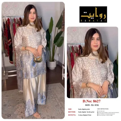 Rawayat Satin Digital Print Readymade Suits - 3 Size Combo, beige and blue floral print satin suit set with dupatta.